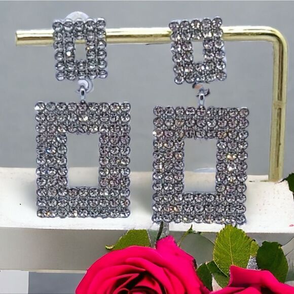 Fancy Rhinestone Pave Jewelry Dangle Earrings Classic Wedding Prom Bridal Bride - Picture 4 of 5
